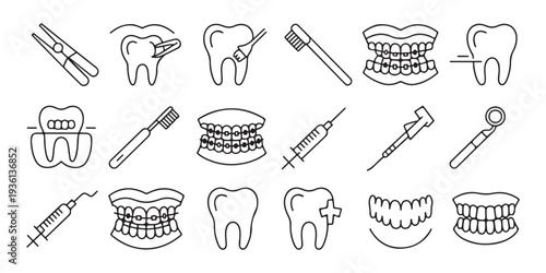Stomatology instrument vector icons including toothbrush syringe dental mirror and braces for oral health