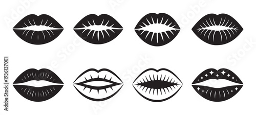 Solid black lips icons collection with varied shapes and styles for cosmetic and fashion industry design