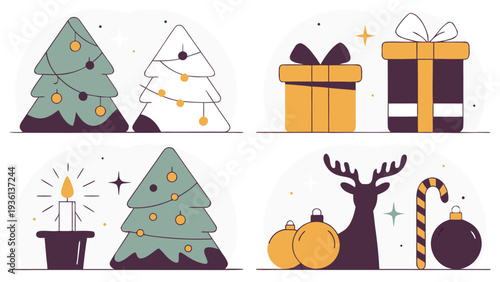 Four small scenes with Christmas icons including gold and green trees, wrapped presents with bows, a reindeer silhouette, a lit candle, and round holiday ornaments.
