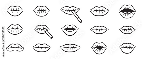 Woman mouth and lips line art set with various expressions including smoking and smiling vector graphics