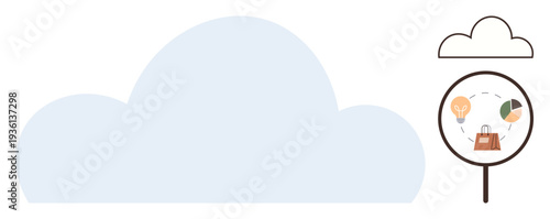 Technology, data storage, cloud computing, business solutions, innovation, analytics. A cloud with a magnifying glass showing icons for ideas and business. Cloud computing and data storage