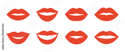 Set of simple red lip icons with bold fill, clean design elements
