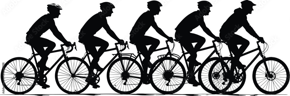 Fototapeta premium Cyclist Silhouette Collection Featuring Multiple Road Bikers Riding in Sequence, Black Vector Illustration Isolated on White Background for Sports, Fitness, Racing and Outdoor Design