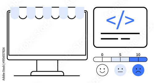 Web development, coding, UX, digital evaluation, online interface, web design components. Monitor displaying tabs, coding symbols and sentiment analysis scale. Coding and UX concepts