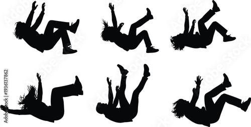 Falling person silhouettes set, human falling poses collection, accident or jump motion silhouettes, people fall action vector illustration