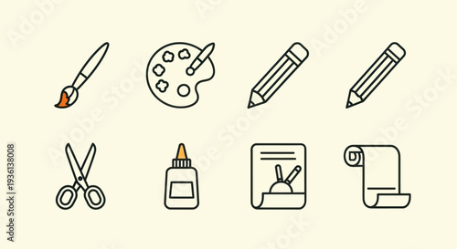 Art supplies icons brush palette pencils
