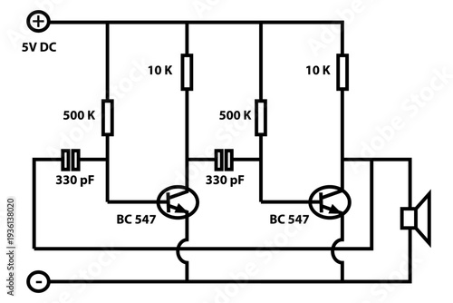 Electronic Circuit Schematic for BC547 Transistor Audio Oscillator With Speaker and 5V DC Power