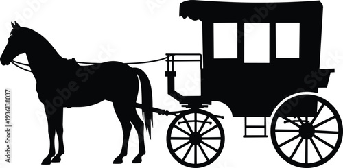Horse drawn carriage silhouette vector illustration, vintage buggy with wagon wheels isolated on white background, classic transportation clipart for western, historical design projects.