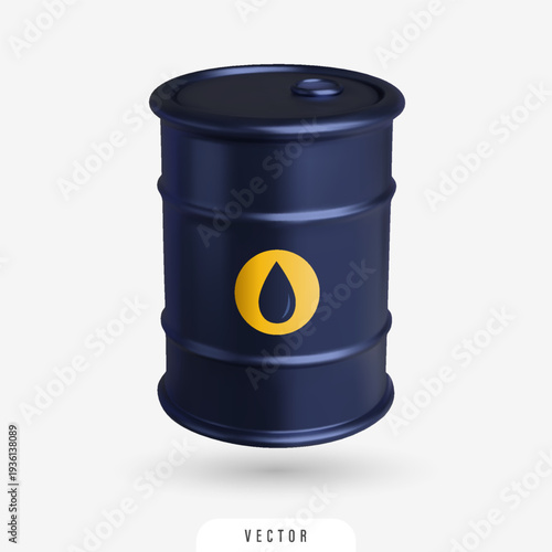 3D dark metallic barrel, crude oil or petroleum. Isolated realistic vector element