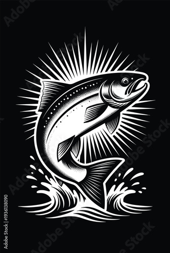 Jumping bass fish illustration with water splash and sunburst rays, black and white vintage engraving style vector isolated on dark background for fishing logo design.