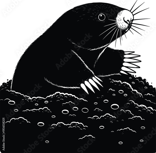Mole illustration in black and white engraving style, detailed burrowing mammal emerging from soil isolated on white background for wildlife, nature design.