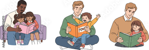 Father reading book with children, family bonding, parenting illustration, dad and kids reading, education concept, happy family learning together
