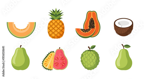 Assortment of fresh tropical fruits on white