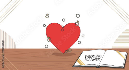 Wedding Planner Book & Red Heart Icon with Rings - Marriage Concept