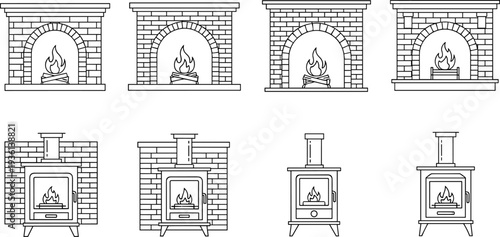Fireplace and wood stove line art collection brick hearth indoor heating appliances vector illustration set isolated