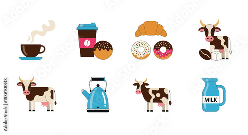 Breakfast food and drink icons set