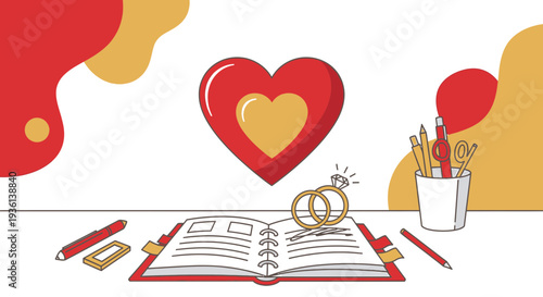 Wedding Planning: Heart, Rings, Planner, and Stationery - Love and Organization Concept