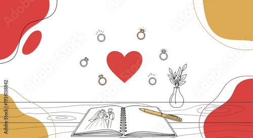 Wedding Planning Sketchbook: Heart, Rings, Couple Drawing, Pen, Vase with Plant