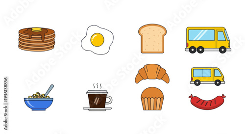 Breakfast food and transport icons illustration