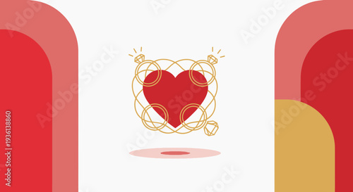 Wedding Rings Entwined Around Red Heart Icon, Symbolizing Love and Marriage