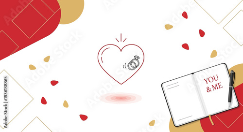 Wedding Rings in Heart Icon, Love Symbol, Marriage Concept, Romantic Design