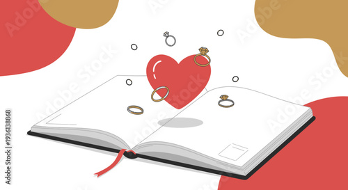 Wedding Rings Floating Above Open Book With Red Heart, Love Story Concept