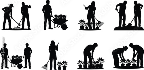 Gardening people silhouettes set, gardeners working with plants tools wheelbarrow rake shovel, landscaping activity icons vector illustration