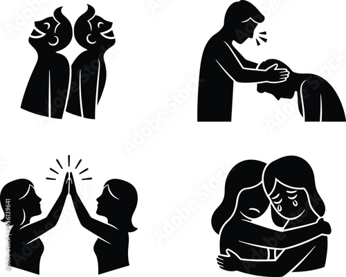 Human connection and social interaction icon set featuring empathy, support, teamwork, and friendship silhouettes for mental health awareness, community, and relationship concepts.