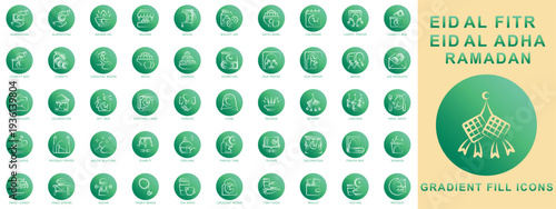 Eid Al - Fitr Gradient Fill icons set. contain almsgiving, dua prayer, eid envelope, bedug, cookies, donation, arom oil and more. Vector for modern concept, print, UI, UX kit, web and app development.