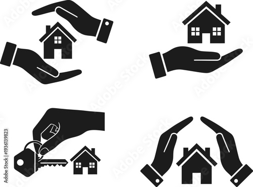 Real Estate and Home Insurance Icon Set with Hands Protecting House and Holding Keys for Mortgage, Property Management, and Residential Security Concepts