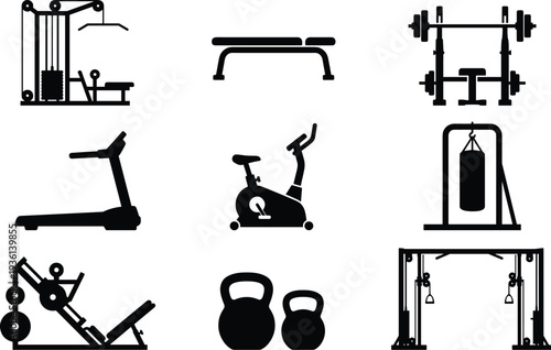 Nine gym equipment icons grid, treadmill exercise bike punching bag kettlebell barbell bench press lat pulldown cable crossover concept, flat vector illustration