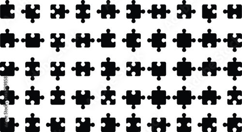 Seventy‑two puzzle piece silhouettes grid, diverse shapes tabs blanks protrusions indentations, pattern recognition design concept, flat vector illustration