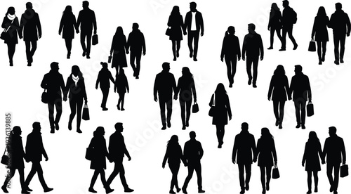 Silhouettes of pairs of people walking together holding hands, carrying bags purses, companionship social interaction crowd concept, flat vector illustration