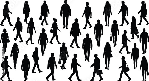 Silhouettes of diverse people walking in multiple directions, carrying handbags backpacks briefcases, busy urban lifestyle crowd movement scene, flat vector illustration