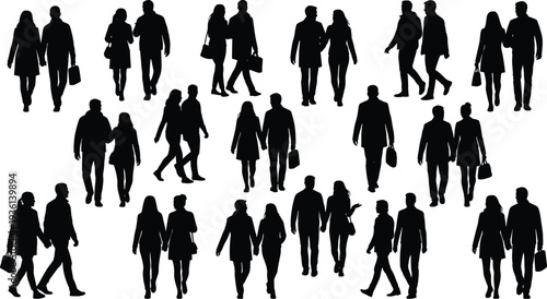 Silhouettes of pairs of people walking together, carrying bags briefcases, casual professional interaction urban crowd activity concept, flat vector illustration