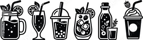 Six beverage icons in jars glasses cups bottles, bubble tea smoothie cocktail soda iced coffee dessert drink concept, flat vector illustration