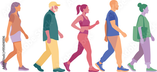 Five diverse people walking silhouettes illustration, casual outfits daily activity movement diversity society lifestyle concept, flat vector  