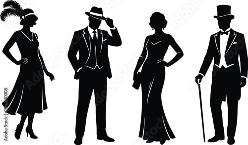 Four vintage fashion silhouettes group, retro attire flapper dress suit fedora evening gown tuxedo top hat cane concept, flat vector illustration