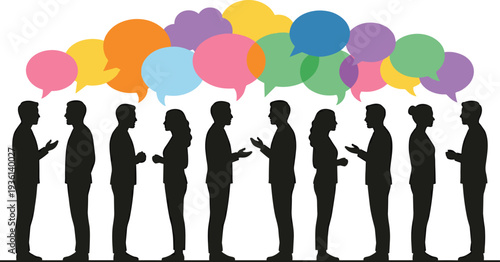 Group conversation silhouettes with colorful speech bubbles, people talking discussion collaboration teamwork communication social interaction concept, flat vector illustration