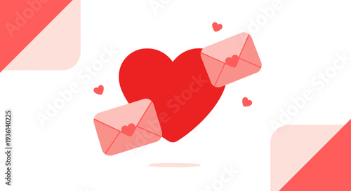 Valentine's Day Love Letters: Red Heart with Envelopes and Hearts Illustration