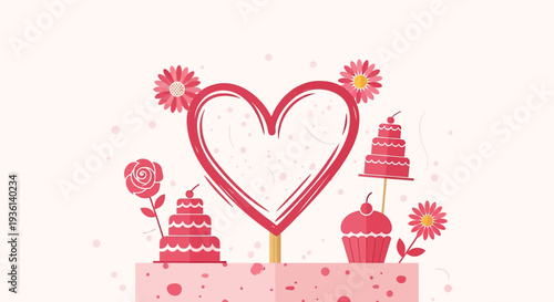 Valentine's Day Sweet Treats: Heart, Cakes, Cupcakes & Flowers on Pink Background