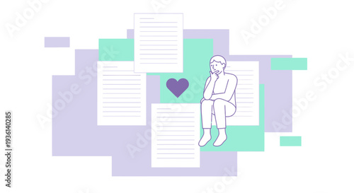 Thoughtful person surrounded by documents and a heart icon, conceptual illustration