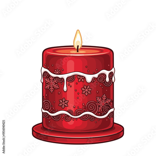Red Candle with Ornate Designs and Flame.