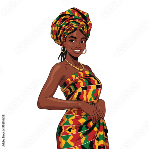 Woman Wearing Traditional African Attire and Headwrap.