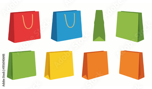 Colorful shopping bags set in multiple views flat vector isolated on white background
