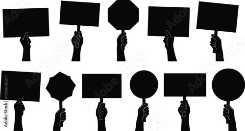 Hand holding blank protest sign silhouettes set with different placard shapes isolated on white background demonstration vector illustration