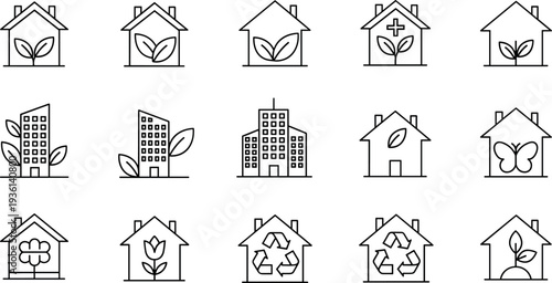 Eco Friendly Home, Green Building, and Sustainable Living Line Icon Set with Plants, Recycling, Nature, and Environmental Protection Concepts