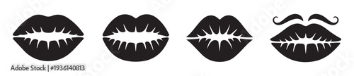 Set of stylized black lips and mustache icons isolated on white background with white mouth interior