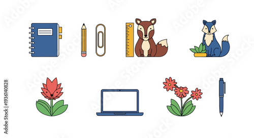 Cartoon illustrations of various objects and animals