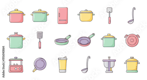 Cartoon kitchen utensils and appliances set